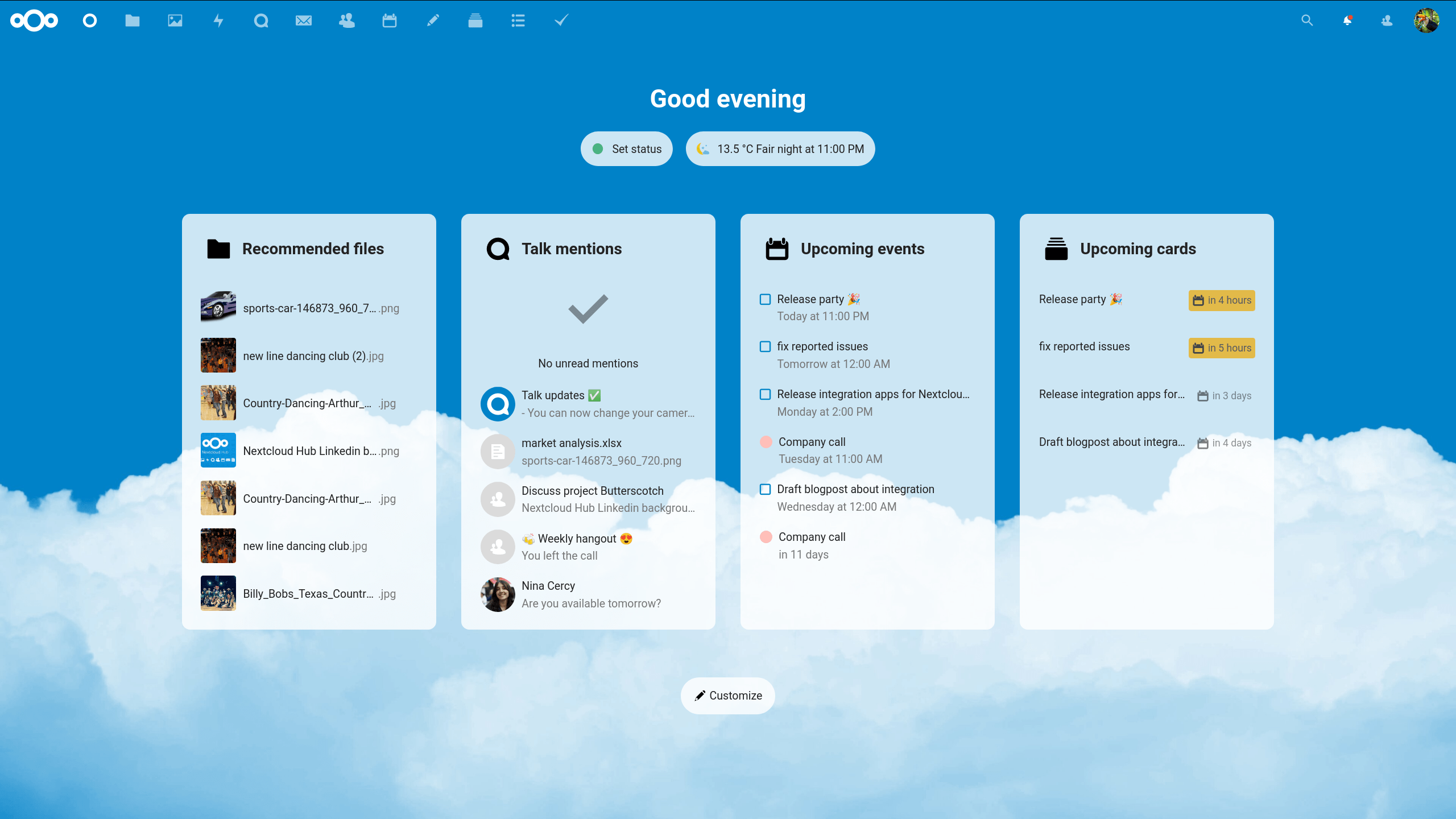 Dashboard de Nextcloud con archivos, menciones, eventos y tarjetas de trabajo